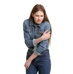 Young woman having heart attack on white background