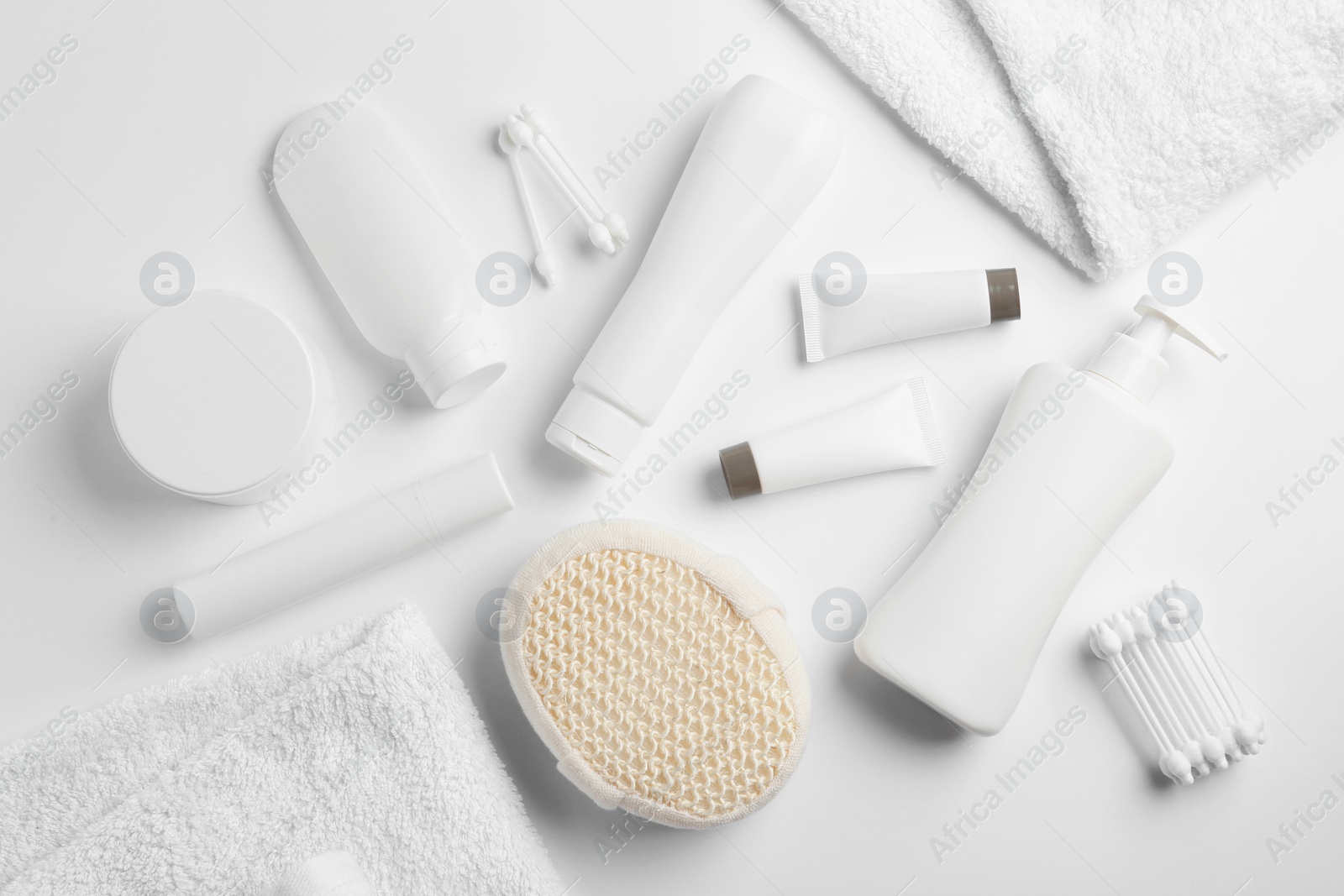 Photo of Composition with baby cosmetic products on white background, top view