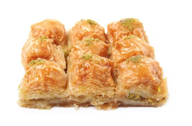 Delicious baklava with pistachios isolated on white