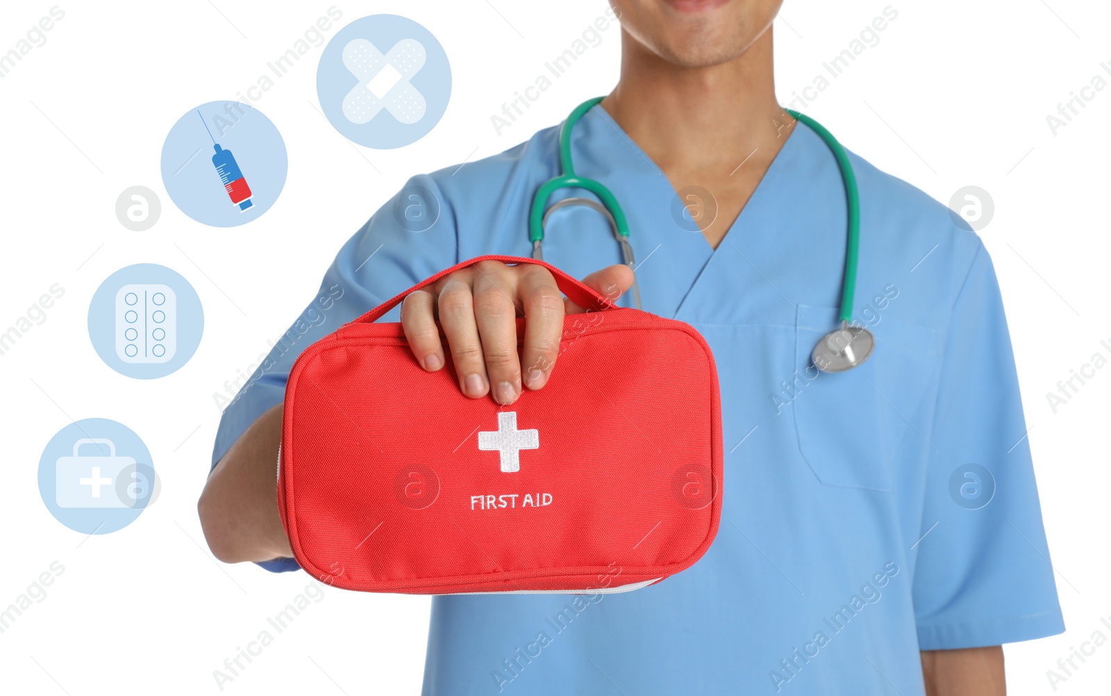 Image of Doctor holding first aid kit on white background, closeup. Medical service