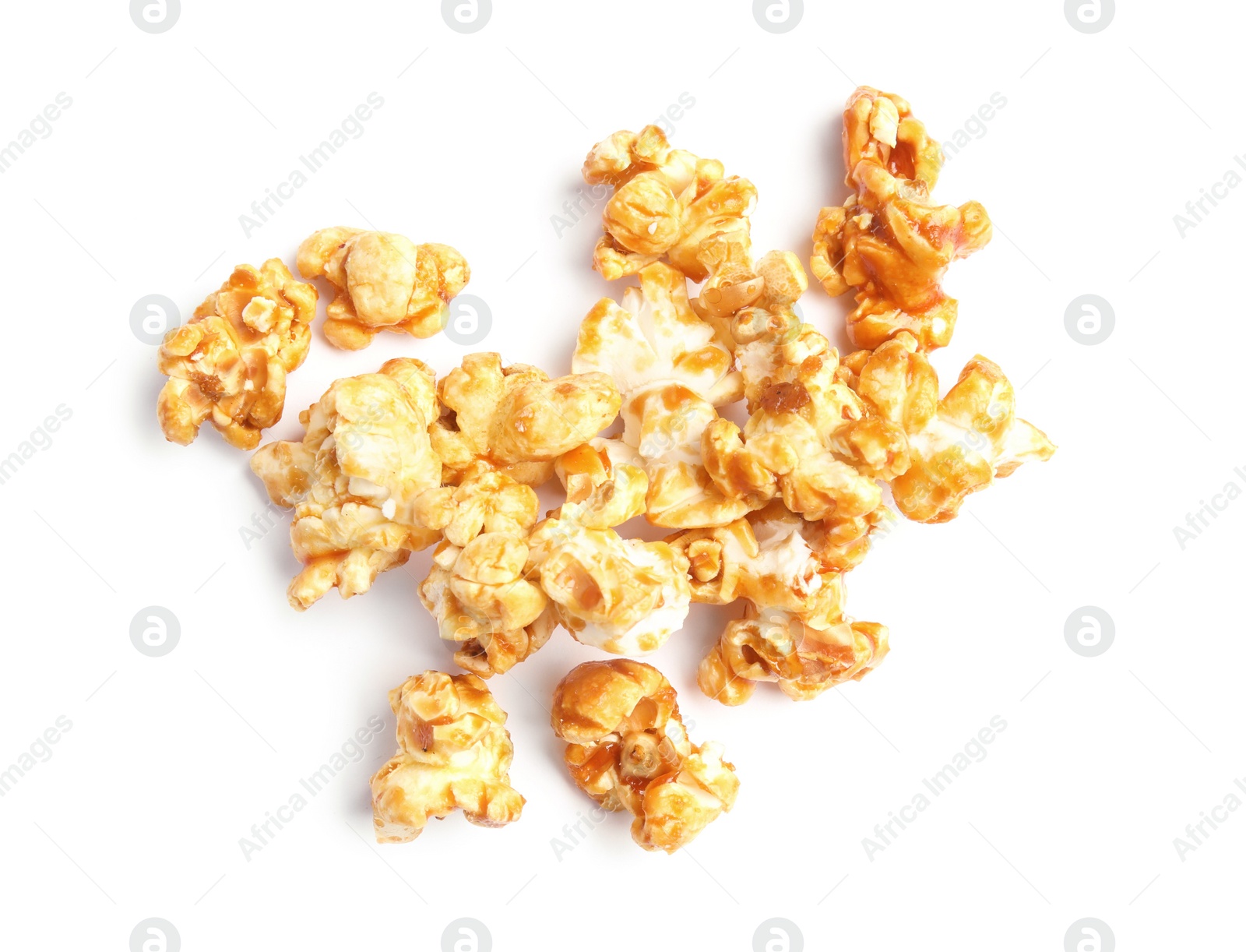 Photo of Pile of delicious caramel popcorn on white background