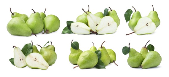 Image of Set with tasty ripe pears on white background. Banner design