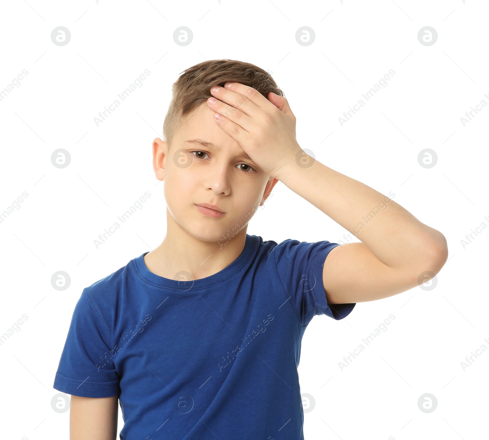 Photo of Little boy suffering from headache on white background