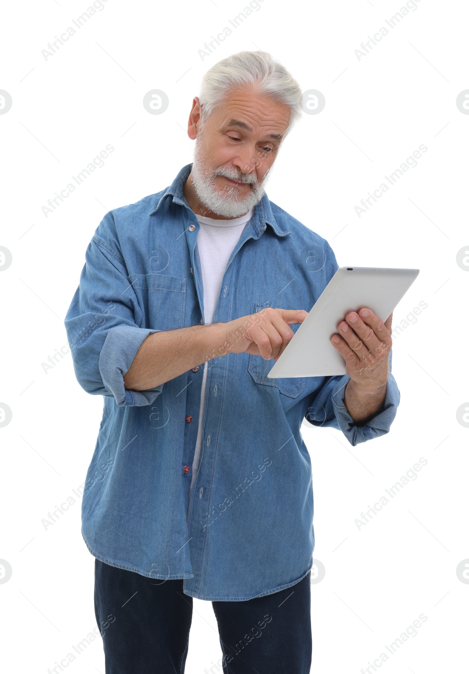 Photo of Senior man using tablet on white background