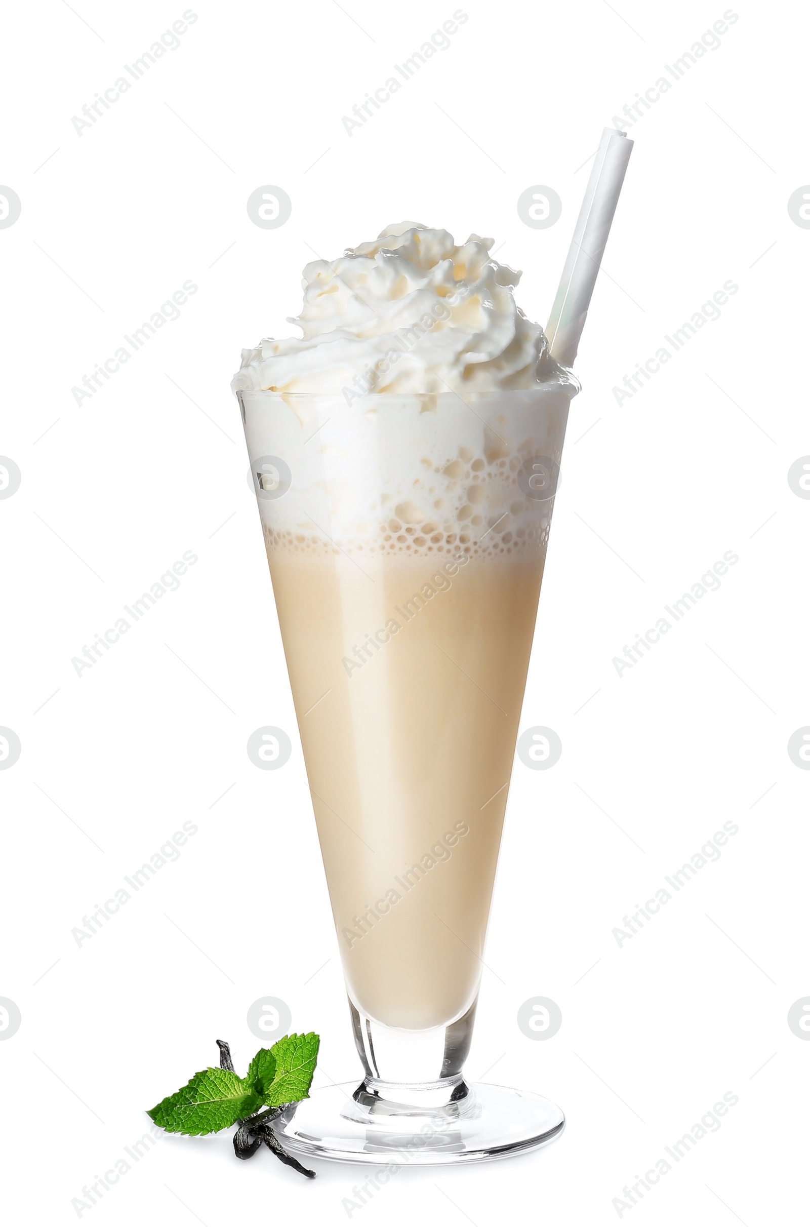 Photo of Glass with delicious milk shake on white background