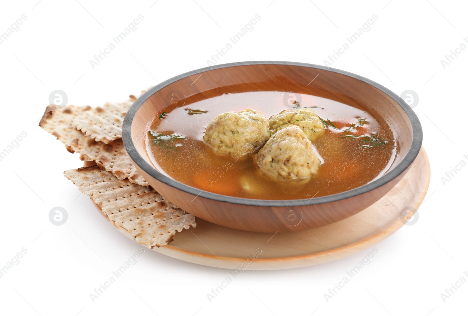 Photo of Bowl of Jewish matzoh balls soup isolated on white