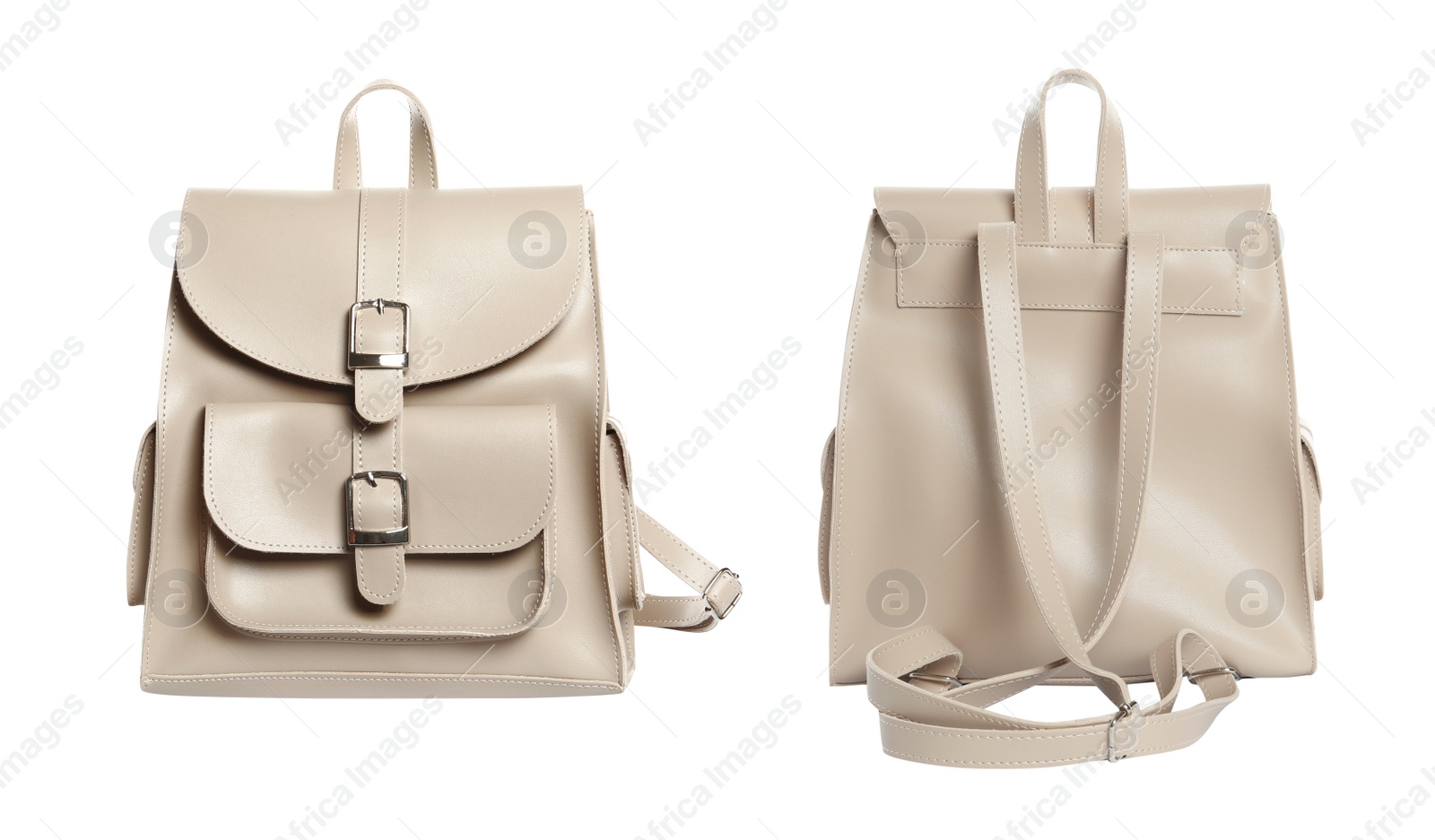 Image of Stylish leather backpacks on white background, collage 