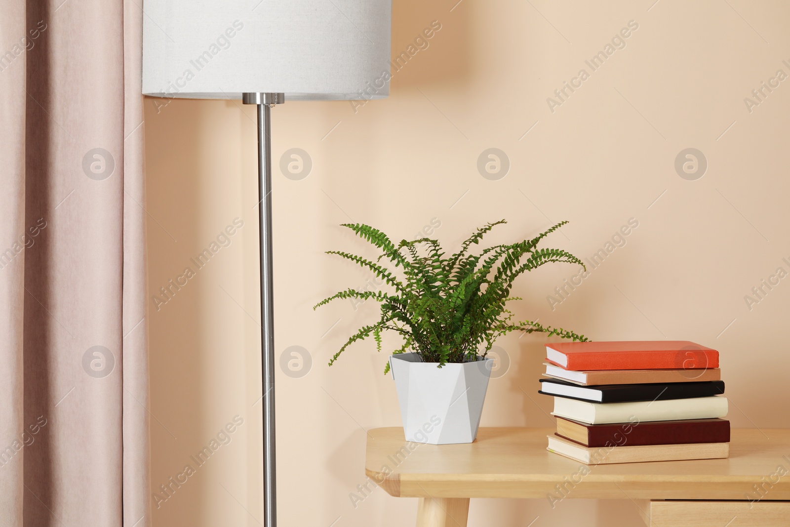 Photo of Stack of different hardcover books and beautiful houseplant on wooden table indoors