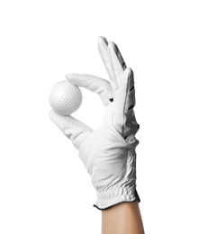 Player holding golf ball on white background, closeup
