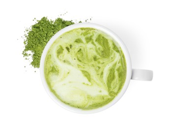 Cup of fresh matcha latte and green powder on white background, top view
