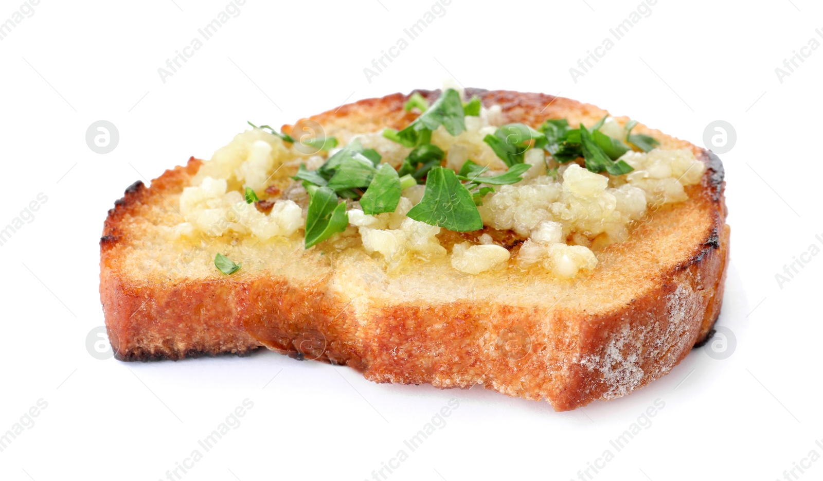 Photo of Slice of toasted bread with garlic and herb on white background