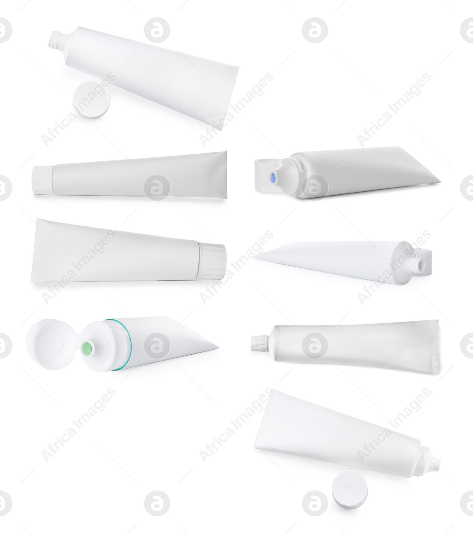 Image of Collage with different toothpastes on white background