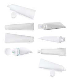 Image of Collage with different toothpastes on white background