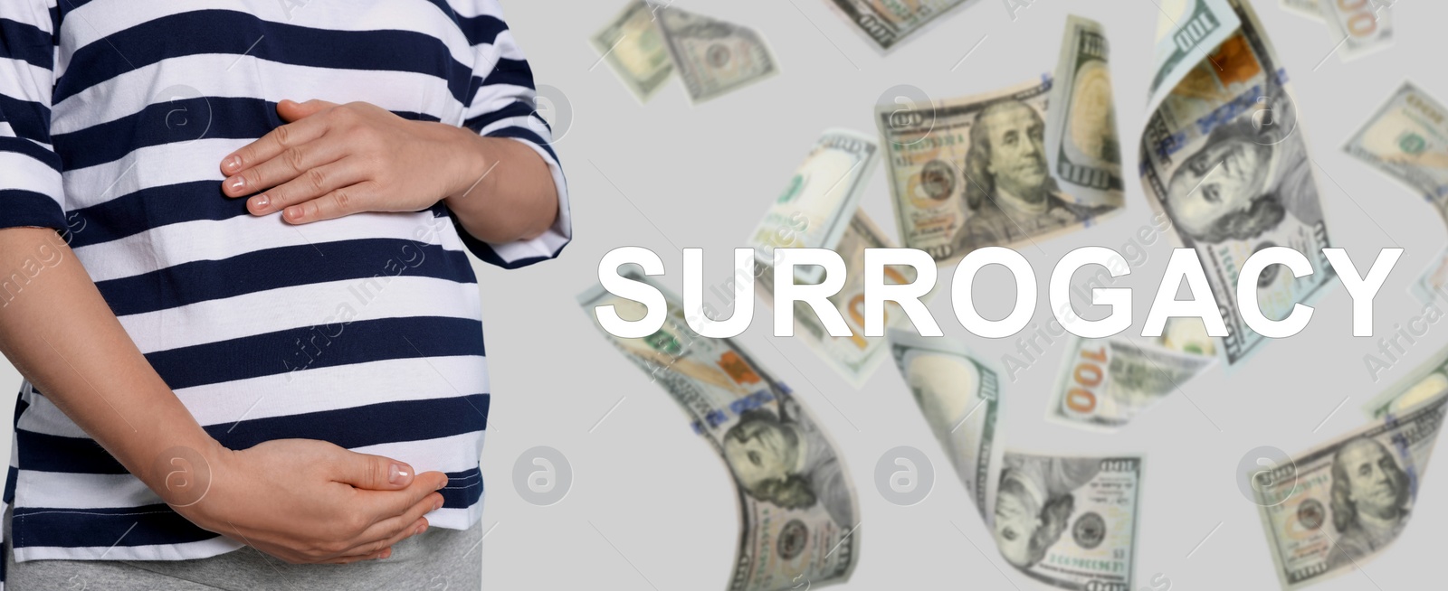 Image of Surrogate mother under money shower on light background, closeup. Banner design