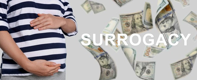 Image of Surrogate mother under money shower on light background, closeup. Banner design