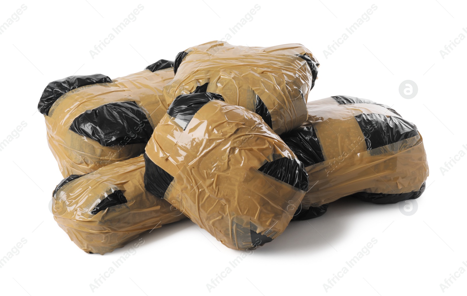 Photo of Packages with narcotics isolated on white. Drug addiction