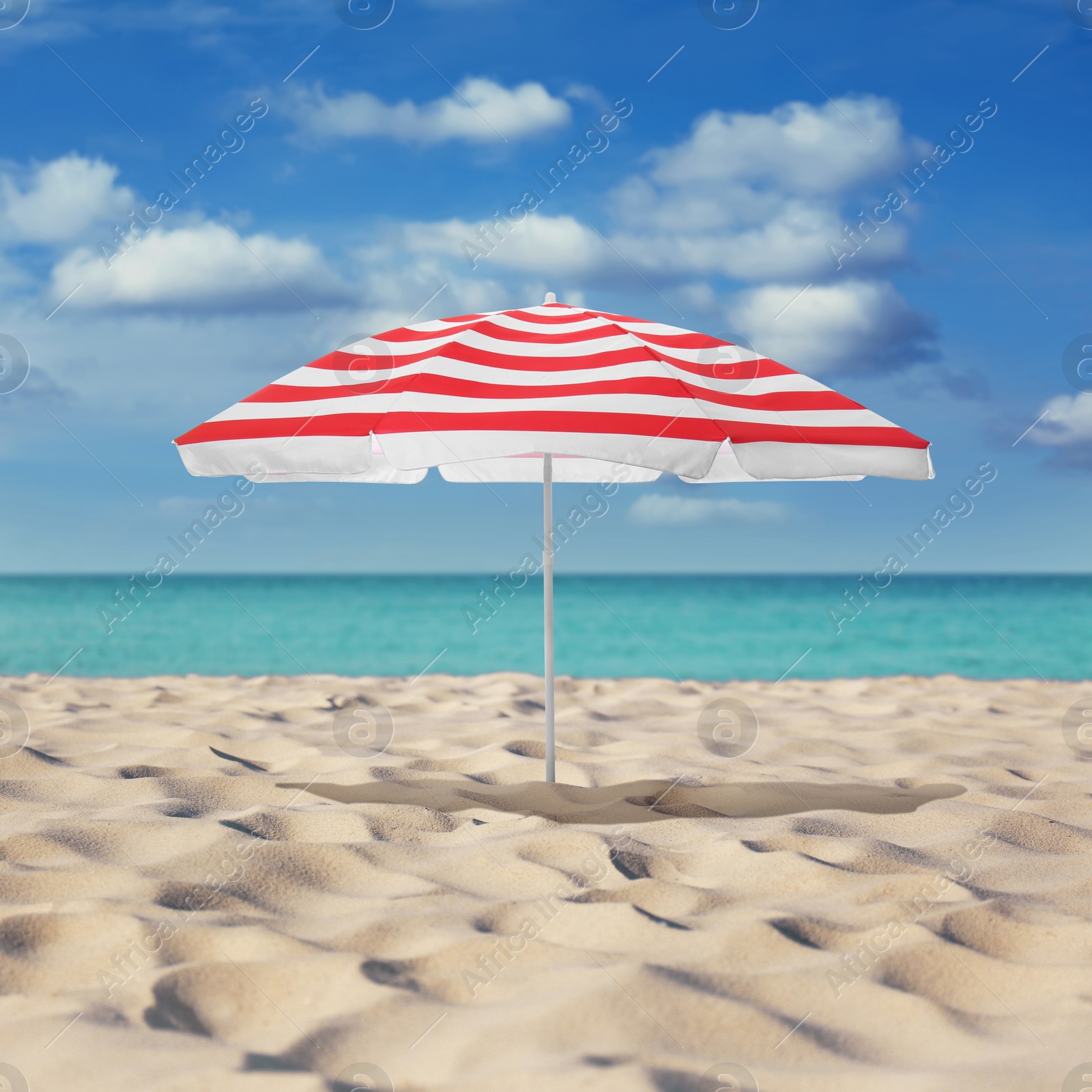 Image of Open big beach umbrella on sandy coast 