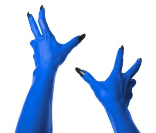 Creepy monster. Blue hands with claws isolated on white