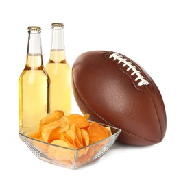 Photo of American football ball, beer and chips on white background