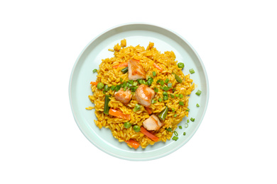 Photo of Delicious rice pilaf with chicken and vegetables isolated on white, top view