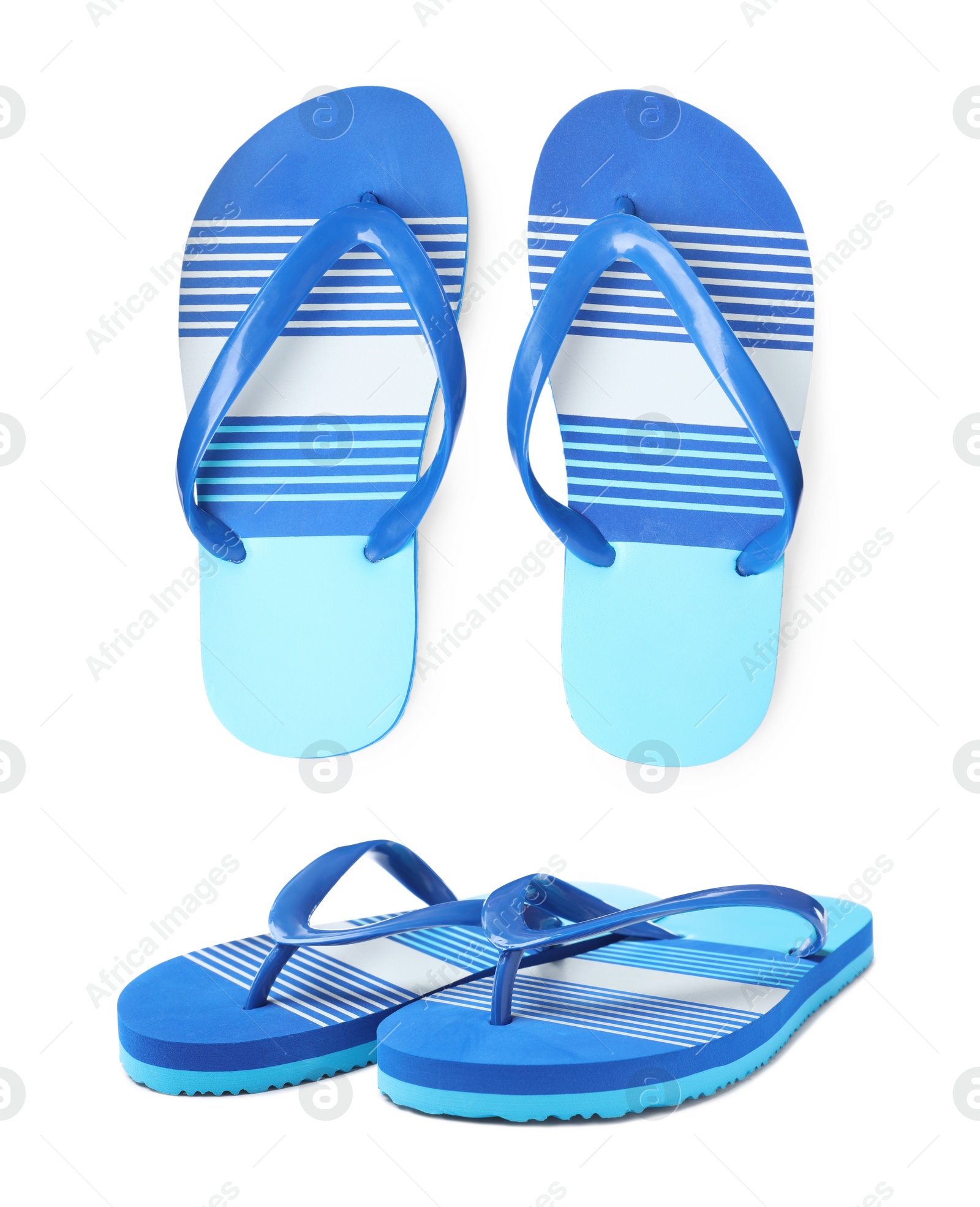 Image of Pairs of striped flip flops on white background, collage