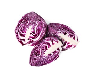 Photo of Cut fresh red cabbage isolated on white, top view