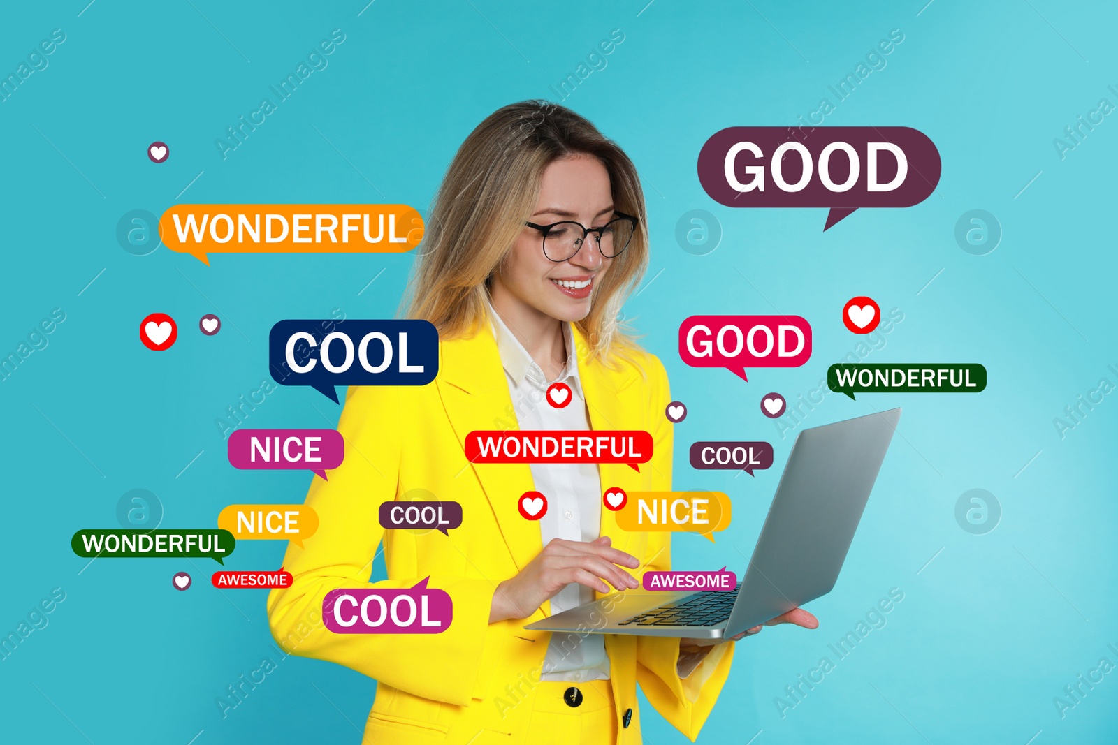 Image of Woman using laptop to give feedback on light blue background. Customer review