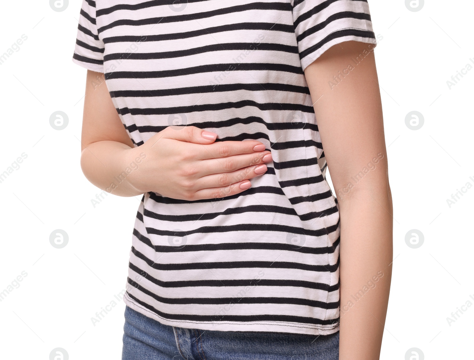 Photo of Young woman suffering from stomach pain on white background, closeup
