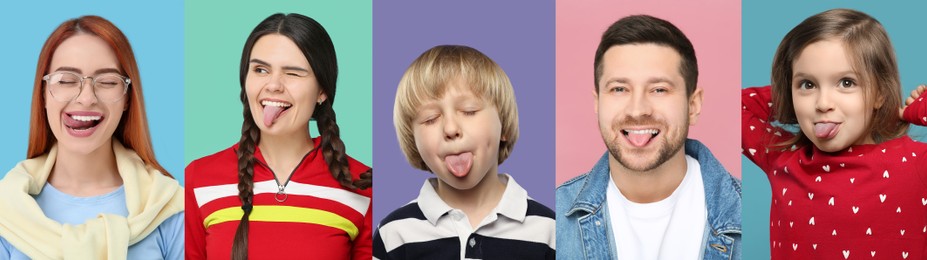 Collage with photos of adults and children showing their tongues on different color backgrounds