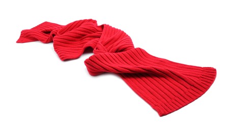 Photo of One red knitted scarf on white background