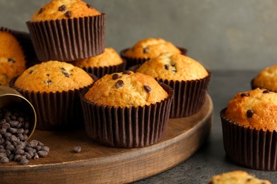 Delicious freshly baked muffins with chocolate chips on gray table, closeup