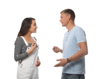 Photo of Man and woman talking on white background