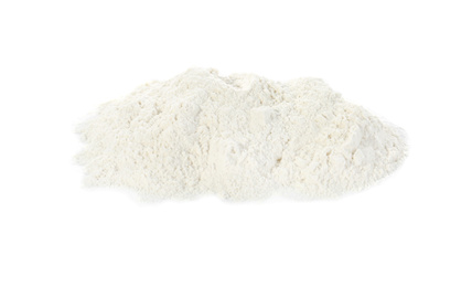 Photo of Pile of organic flour isolated on white