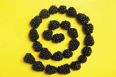 Flat lay composition with ripe blackberries on color background