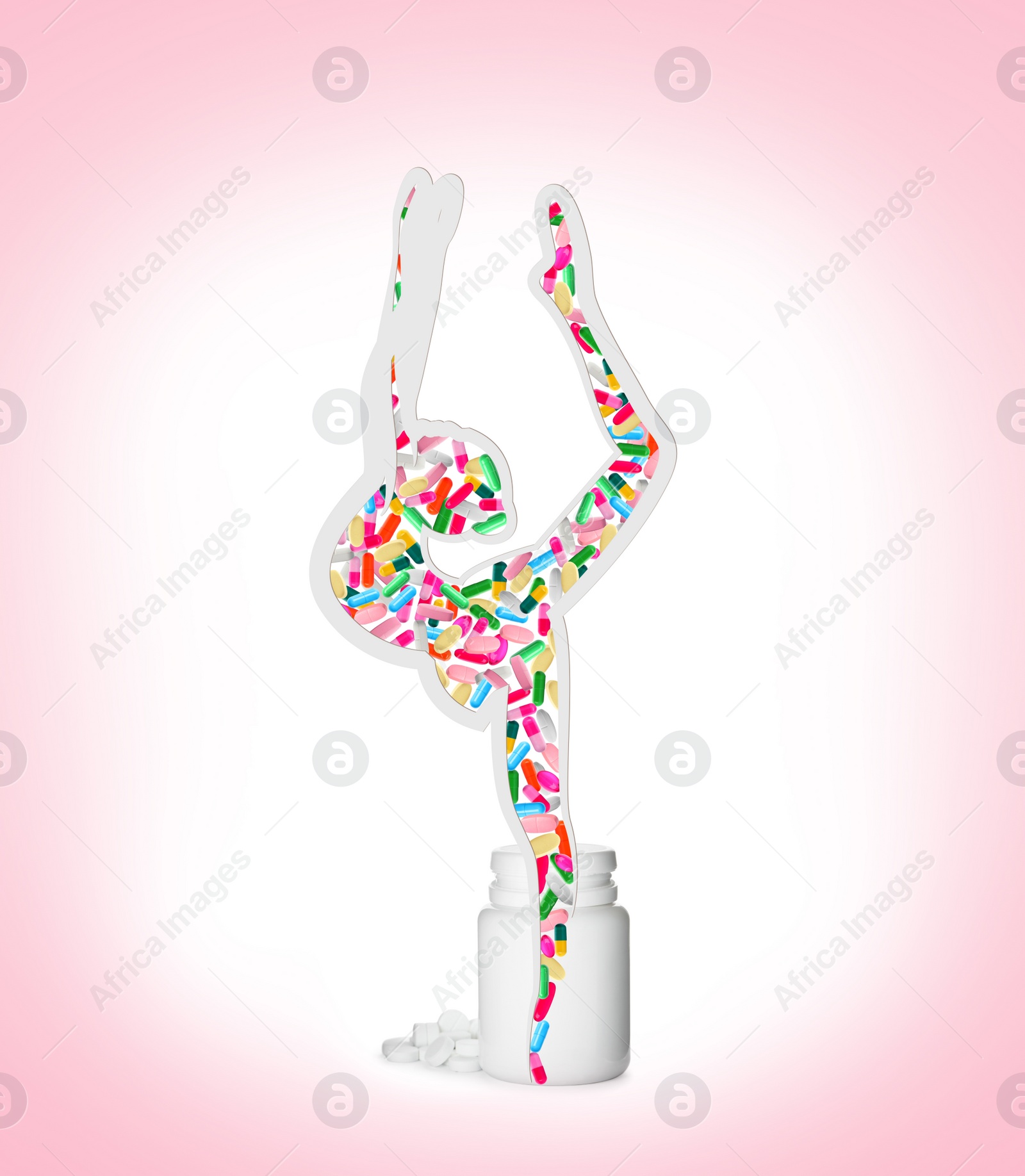 Image of Plastic bottle and silhouette of gymnast filled with pills symbolizing using doping on white background
