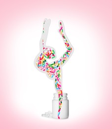 Plastic bottle and silhouette of gymnast filled with pills symbolizing using doping on white background