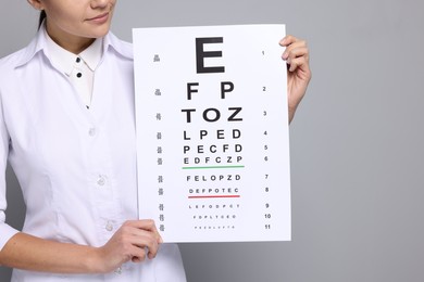Photo of Ophthalmologist with vision test chart on gray background, closeup