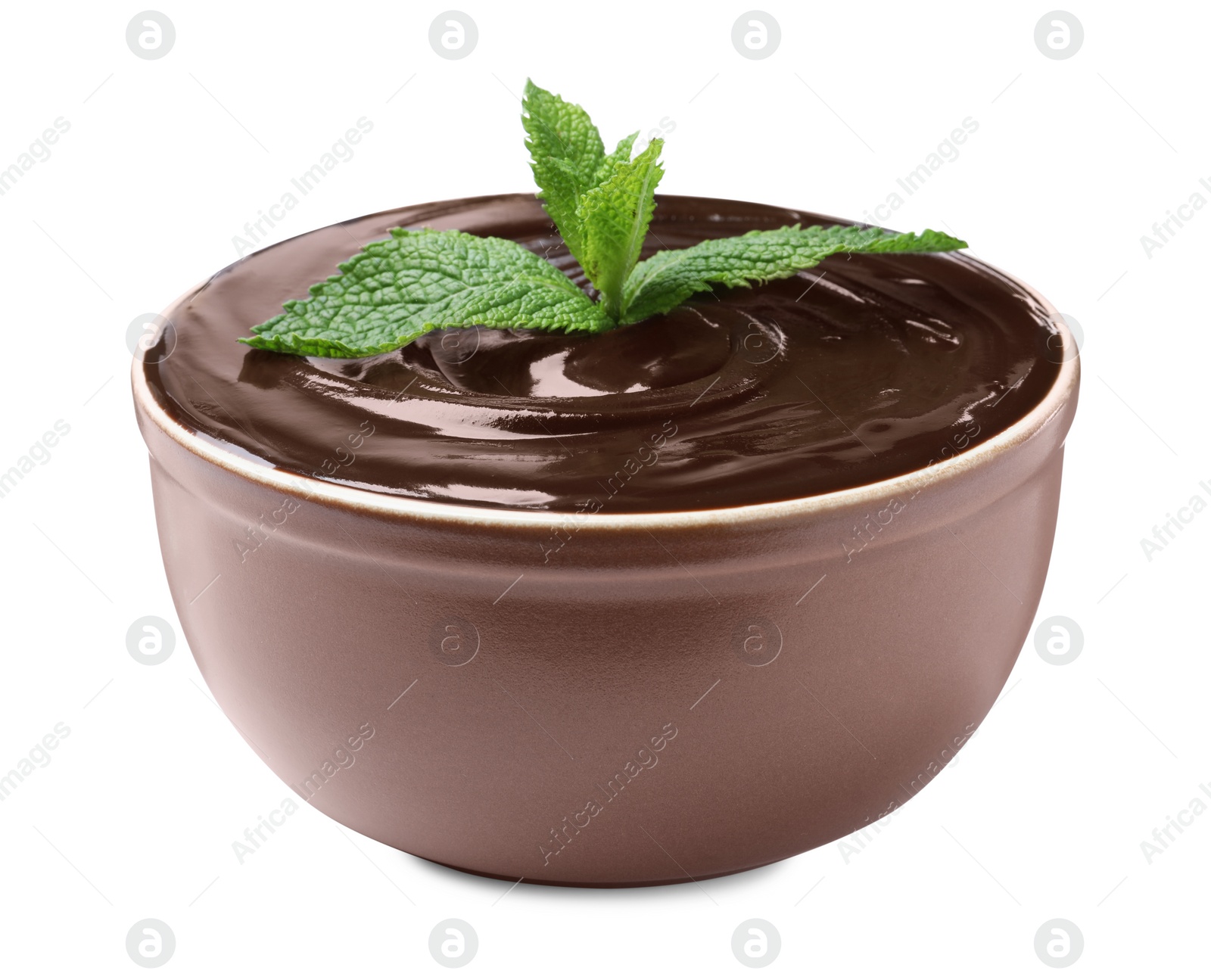 Photo of Delicious chocolate cream with mint in bowl on white background