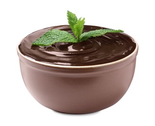 Delicious chocolate cream with mint in bowl on white background