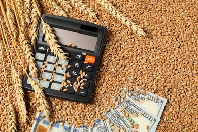 Dollar banknotes, calculator and wheat ears on grains, top view. Agricultural business