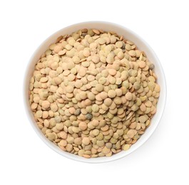 Photo of Raw lentils in bowl isolated on white, top view