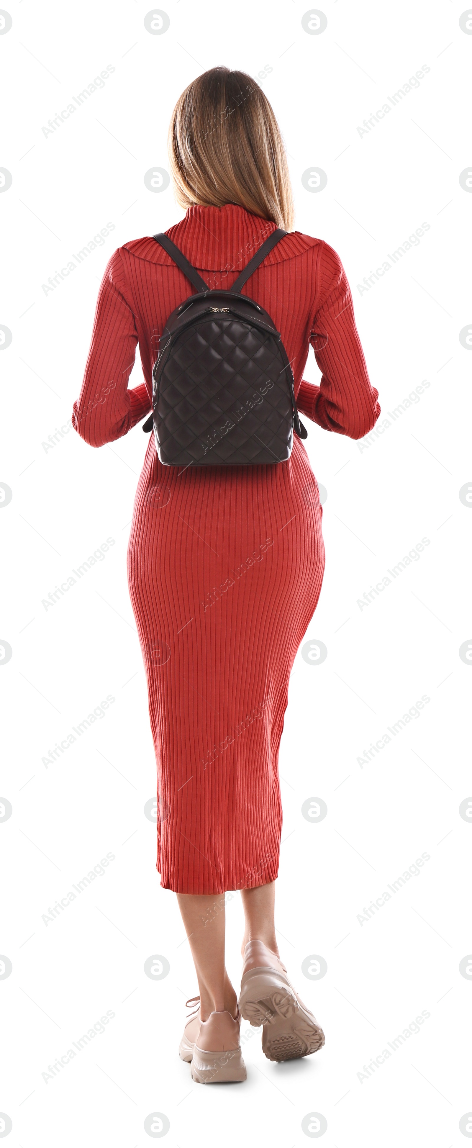 Photo of Woman with stylish backpack on white background, back view