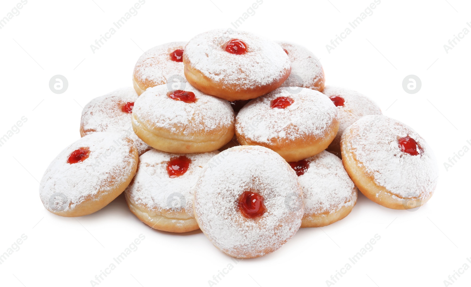 Photo of Delicious donuts with jelly and powdered sugar on white background