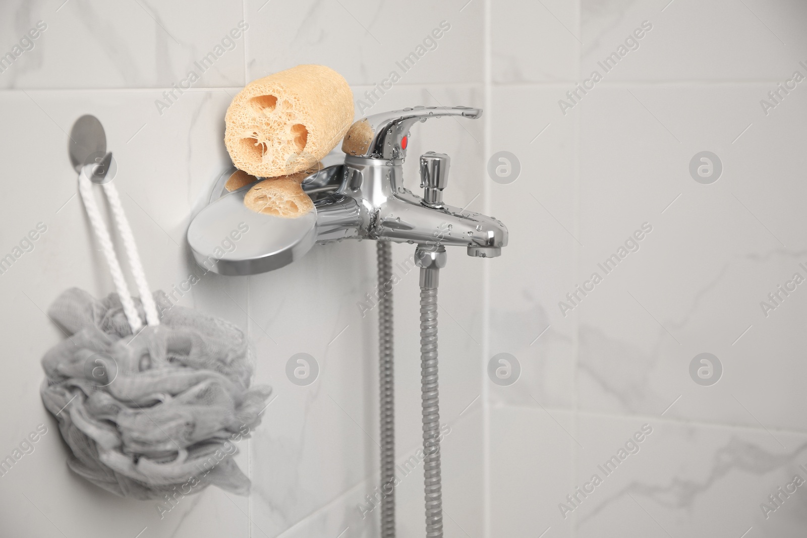 Photo of Grey shower puff and loofah sponge in bathroom, space for text