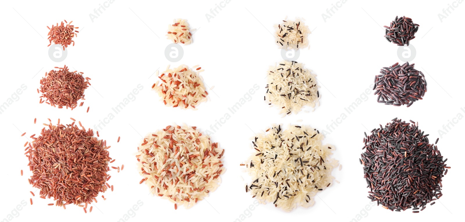 Image of Set with different types of rice on white background, top view. Banner design