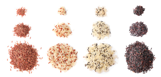 Image of Set with different types of rice on white background, top view. Banner design
