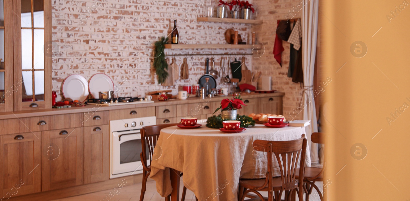 Image of Beautiful kitchen interior with served dining table. Banner design