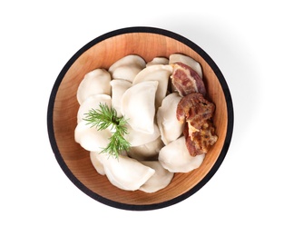 Photo of Bowl of tasty cooked dumplings isolated on white, top view