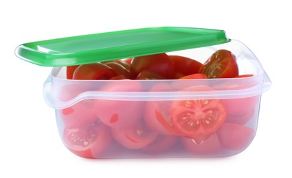 Photo of Fresh cut cherry tomatoes in plastic container isolated on white