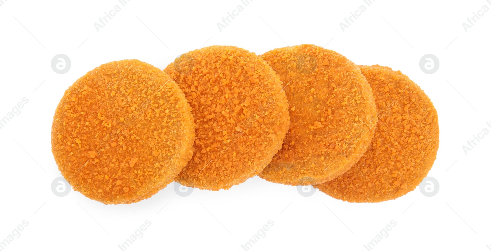 Photo of Uncooked breaded cutlets on white background, top view. Freshly frozen semi-finished product